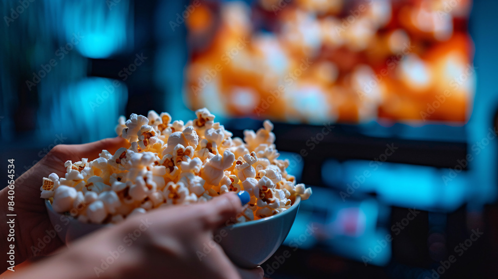 Cozy Movie Night - Close-up of Hands Reaching for Popcorn in Home Theater with Blurred Movie Screen Background