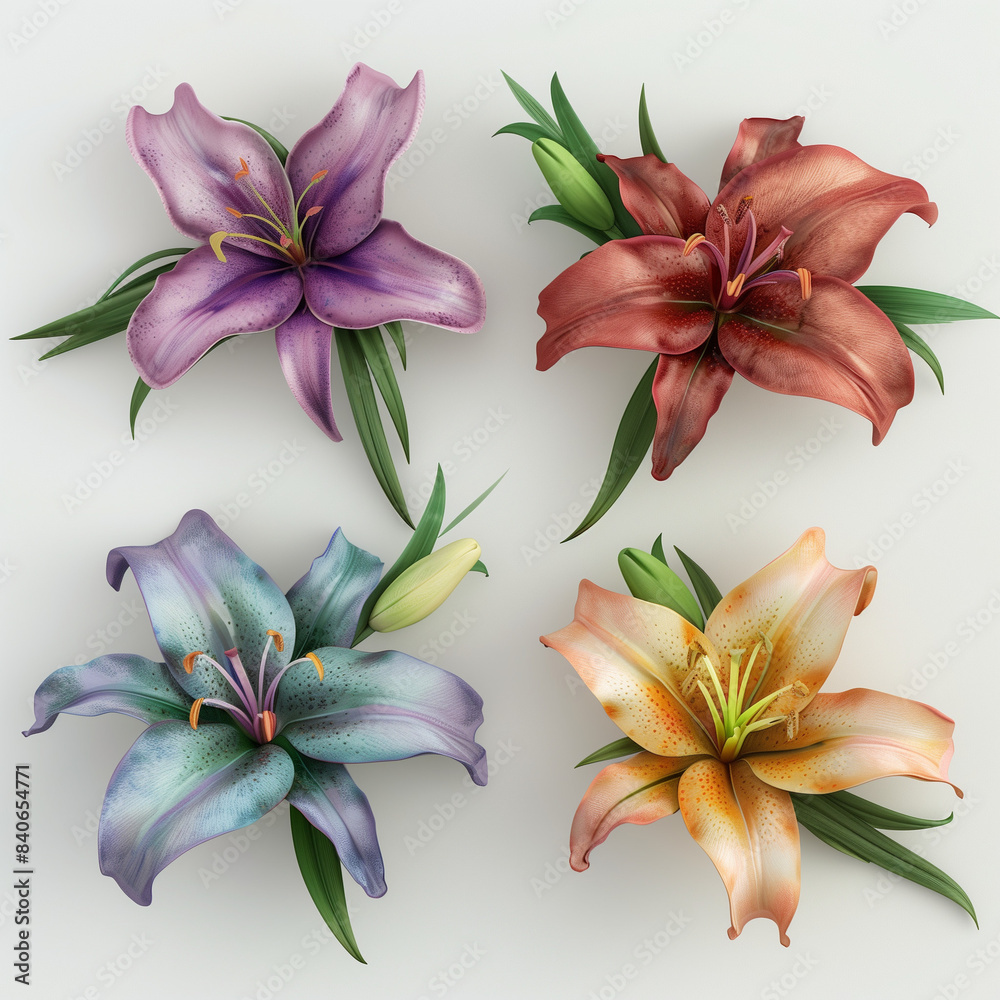 Fototapeta premium A set of four realistic lily flowers in different colors, top view, 3d render illustration, white background, high resolution
