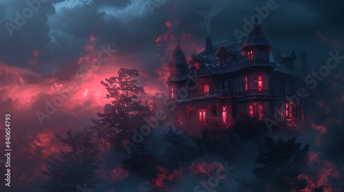 Eerie Victorian Haunted House in Dense Fog with Sinister Red Glow - Spooky Halloween Scene with Ghostly Spirits