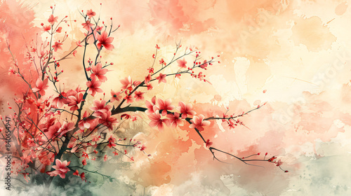 Serene Chinese Traditional Banner with Cherry Blossoms and Bamboo Watercolor Illustration on Gradient Background