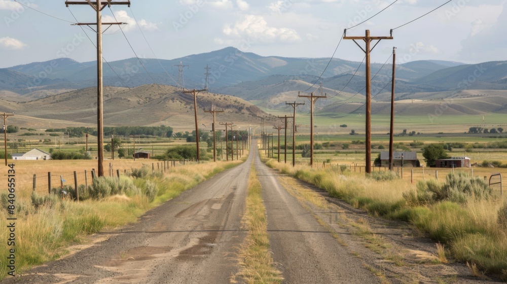 A rural road flanked by electricity poles, with fields and mountains in the background, depicting the spread of electrical infrastructure into remote areas