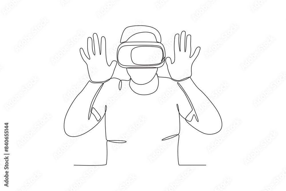 Continuous one line drawing of Man using virtual reality headset. Modern continuous line draw design graphic vector illustration
Continuous one line drawing of Man using virtual reality headset. Modern continuous line draw design graphic vector illustration
