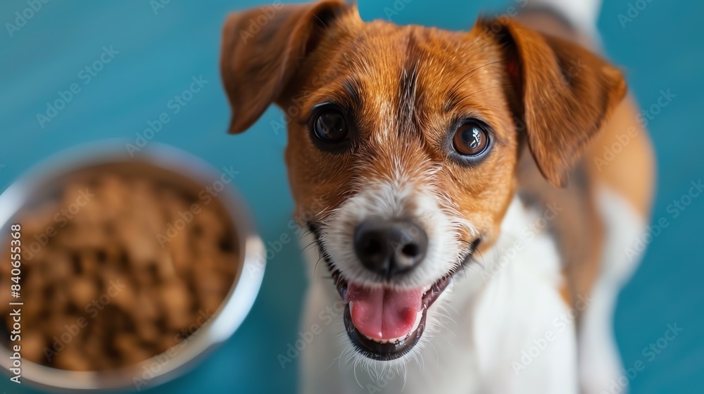 Happy puppy with a bowl of dog food, blue background Happy puppy with a bowl of dog food, blue background