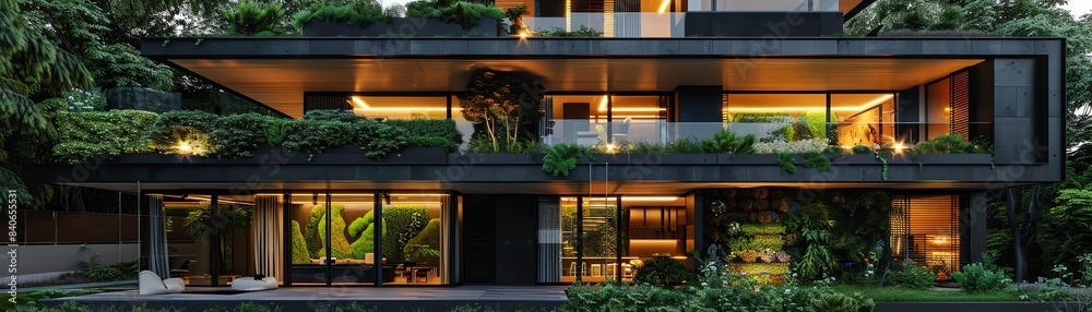 Fototapeta premium Modern house with lush vertical gardens, large windows, and evening light