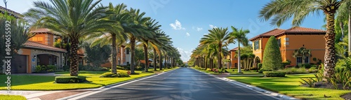 Palmlined street with neatly trimmed lawns  sunny afternoon  clear sky