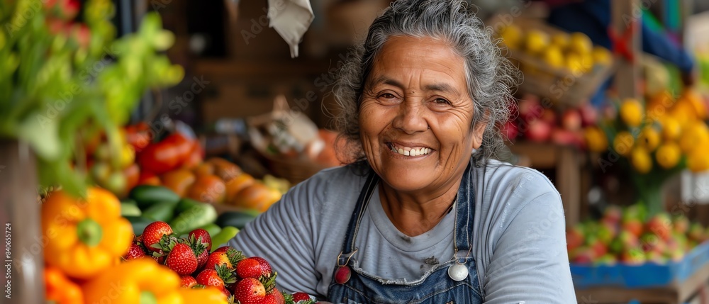 Smiling vendor with fresh produce at market, vibrant and colorful, rustic setting Smiling vendor with fresh produce at market, vibrant and colorful, rustic setting