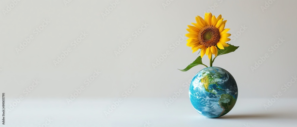 Sunflower growing from Earth globe, plain white background, symbolic ...