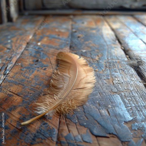 single brown feather on wooden background (floor); concept of transience, departure, mortality, changes