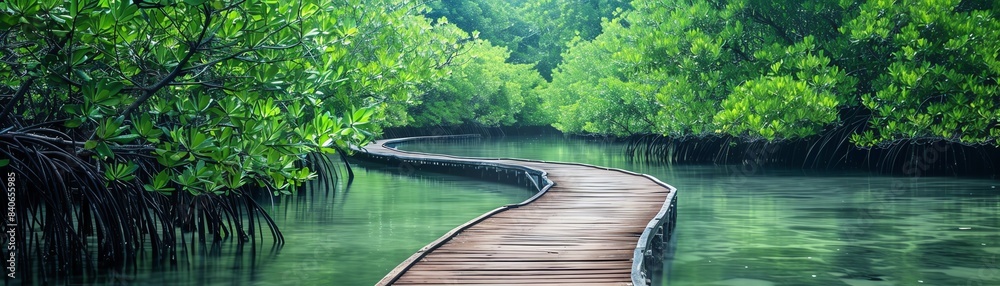 Wooden path winding through a lush green mangrove forest, tranquil water Wooden path winding through a lush green mangrove forest, tranquil water