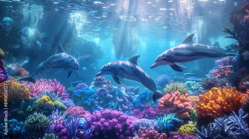 A serene underwater scene with a pod of dolphins gracefully swimming among colorful coral reefs, adding vibrancy to the marine ecosystem