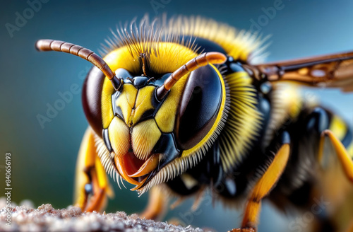  A detailed macro view of the bee's head and face, allowing you to see its eyes, antennae and mouthparts © Катерина Решетникова