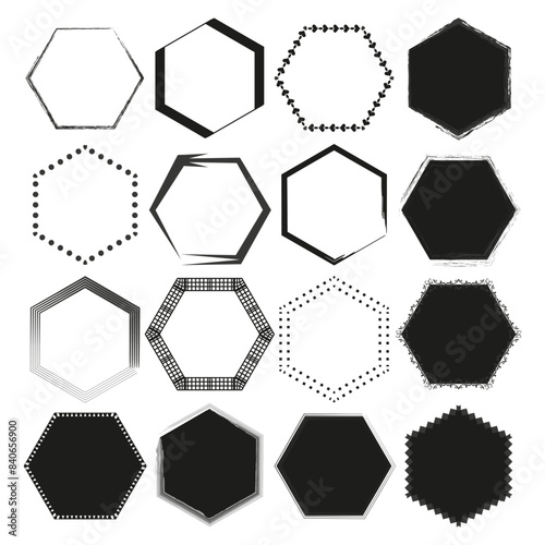 Hexagon frame collection. Geometric border shapes. Black and white variety. Vector design set.