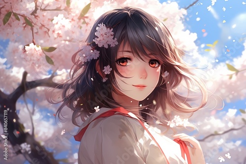 Anime girl smiling, vibrant eyes, soft sunlight, medium shot, cherry blossoms in the background.