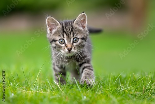 A photo of a beautiful cat in a garden  surrounded by summer flowers. Dappled sunlight shines down.