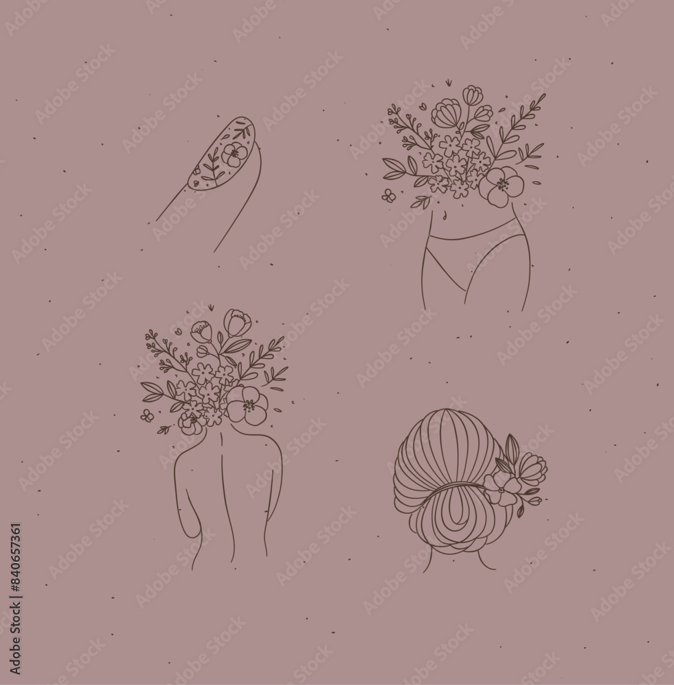 Beauty floral woman modern icons finger belly back hairstyle drawing in linear style on light brown background