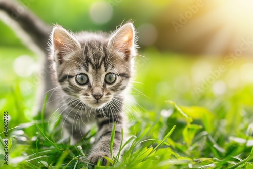 A photo of a beautiful cat in a garden  surrounded by summer flowers. Dappled sunlight shines down.