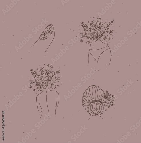 Obraz na płótnie Beauty floral woman modern icons finger belly back hairstyle drawing in linear style on light brown background w salonie