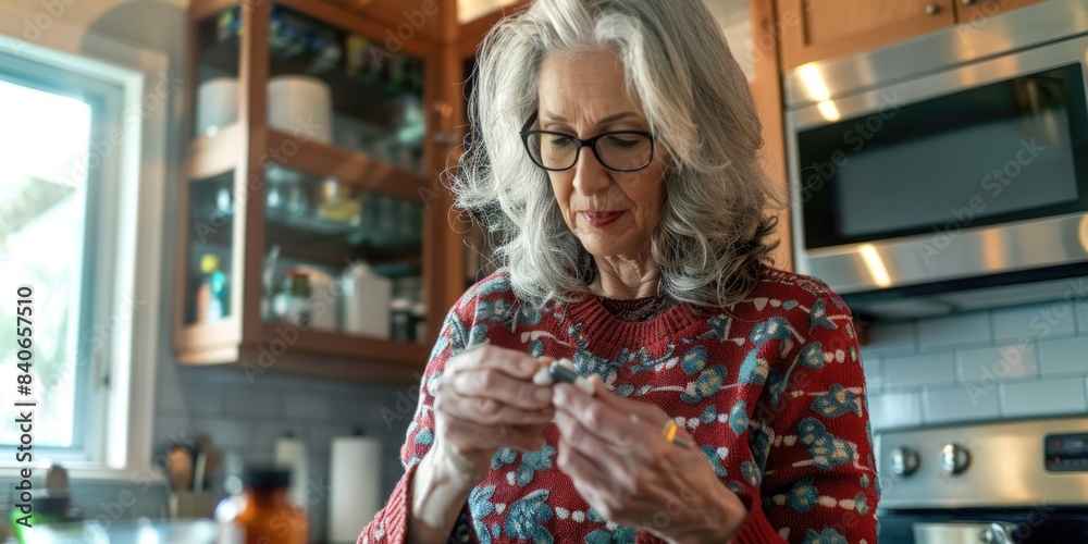 A woman holds an object in her hands while wearing a bright red floral shirt, providing a pop of color and attention to detail A woman holds an object in her hands while wearing a bright red floral shirt, providing a pop of color and attention to detail