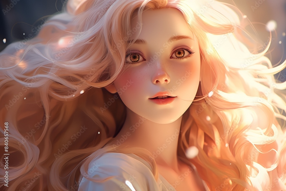 Beautiful anime girl with flowing hair, soft pastel colors, gentle lighting, close-up, dreamy background.