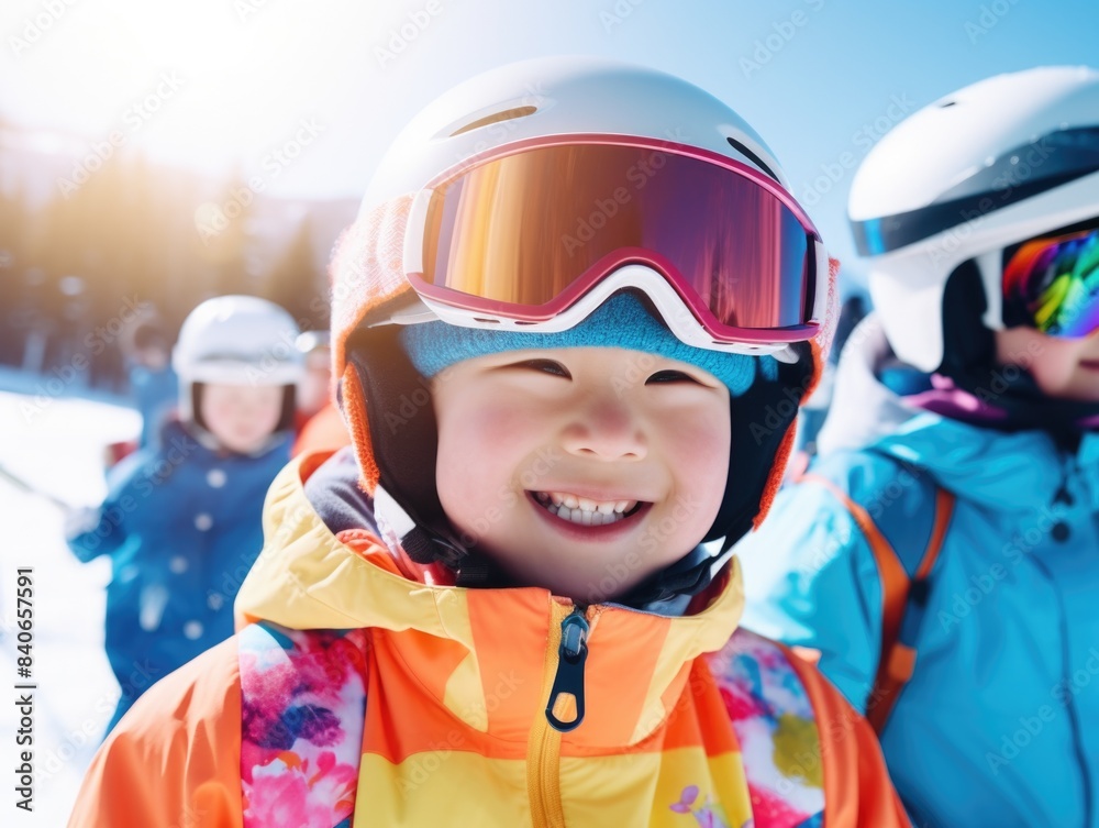 A young child wearing a protective helmet and goggles, likely for riding or playing A young child wearing a protective helmet and goggles, likely for riding or playing