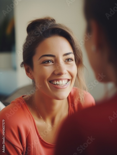 A woman smiles and talks to another woman, conveying a sense of friendliness and approachability