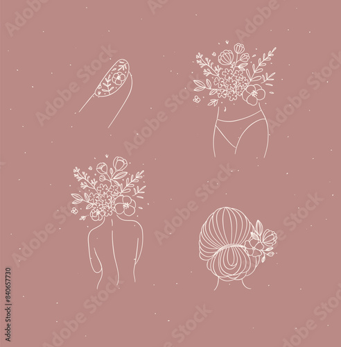 Obraz na płótnie Beauty floral woman modern icons finger belly back hairstyle drawing in linear style with white on coral background w salonie