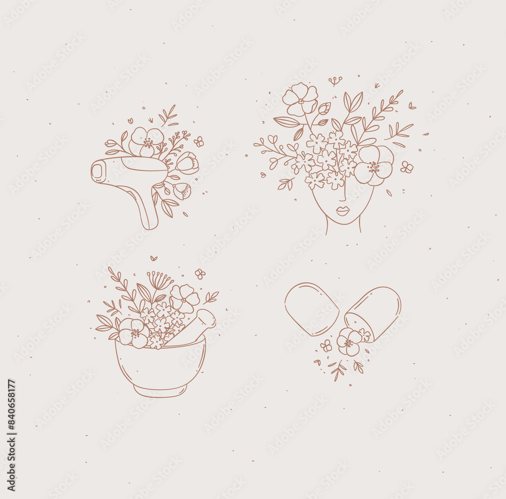 Beauty floral woman modern icons hair removal laser head with flowers kitchen mortar food supplement pill drawing in linear style on light background