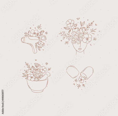 Obraz na płótnie Beauty floral woman modern icons hair removal laser head with flowers kitchen mortar food supplement pill drawing in linear style on light background w salonie