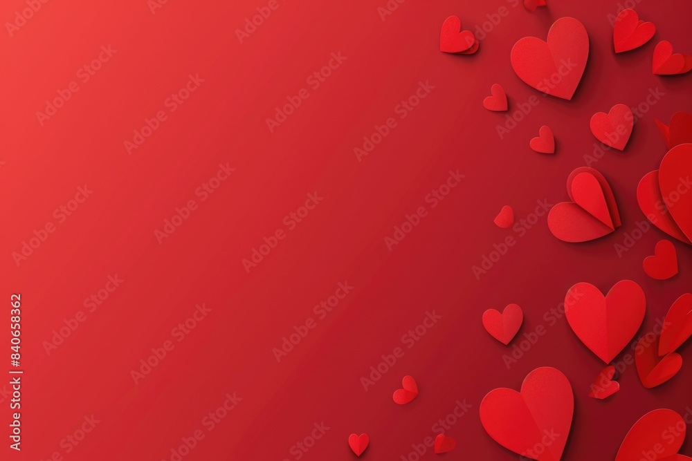 A vibrant red background featuring paper hearts scattered across it A vibrant red background featuring paper hearts scattered across it