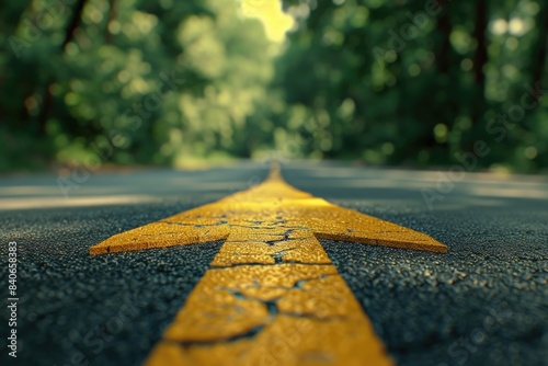 A yellow arrow pointing direction on a road with trees in the background, suitable for use in travel or navigation contexts