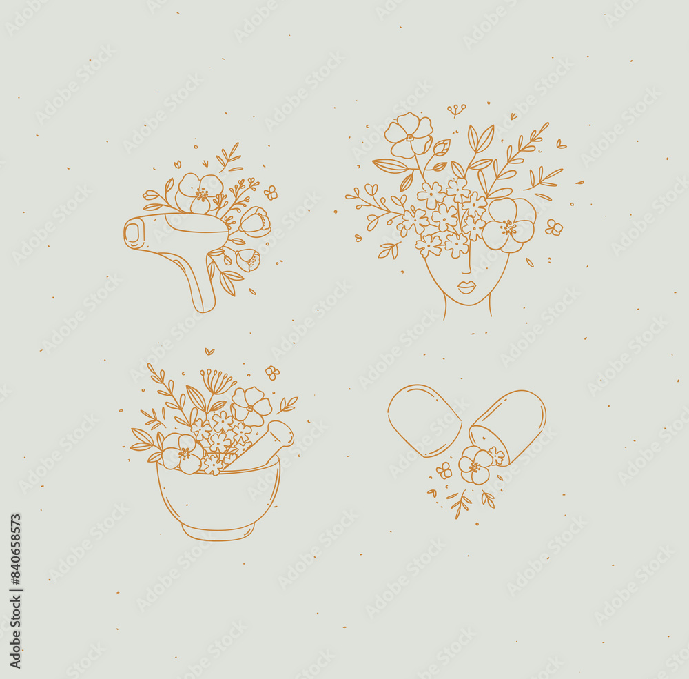 Beauty floral woman modern icons hair removal laser head with flowers kitchen mortar food supplement pill drawing in linear style with beige on light background