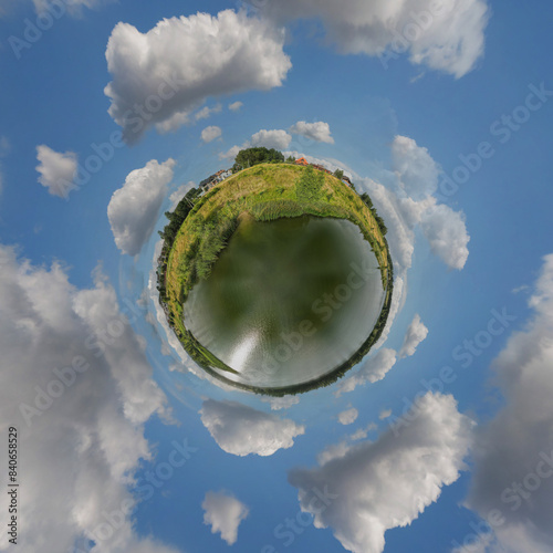 Panoramic view from drone, small planet and blue sky around the globe