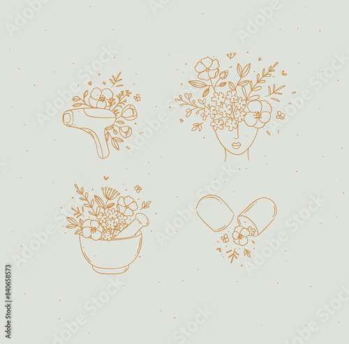 Obraz na płótnie Beauty floral woman modern icons hair removal laser head with flowers kitchen mortar food supplement pill drawing in linear style with beige on light background w salonie