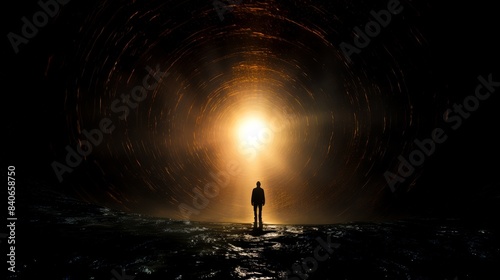 Human with cosmic black hole in belly  subtle ambient light  wide shot  mysterious and surreal scene.