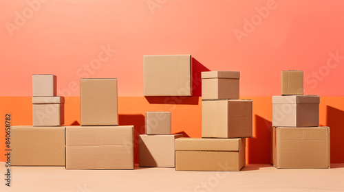 Various sizes of cardboard boxes stacked in front of a vibrant background © ALEXSTUDIO
