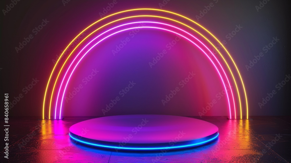 3D glowing neon rainbow light podium on dark background, tech style pedestal, colorful showcase for tech products, fantasy stage platform, nightclub sign frame 3D glowing neon rainbow light podium on dark background, tech style pedestal, colorful showcase for tech products, fantasy stage platform, nightclub sign frame