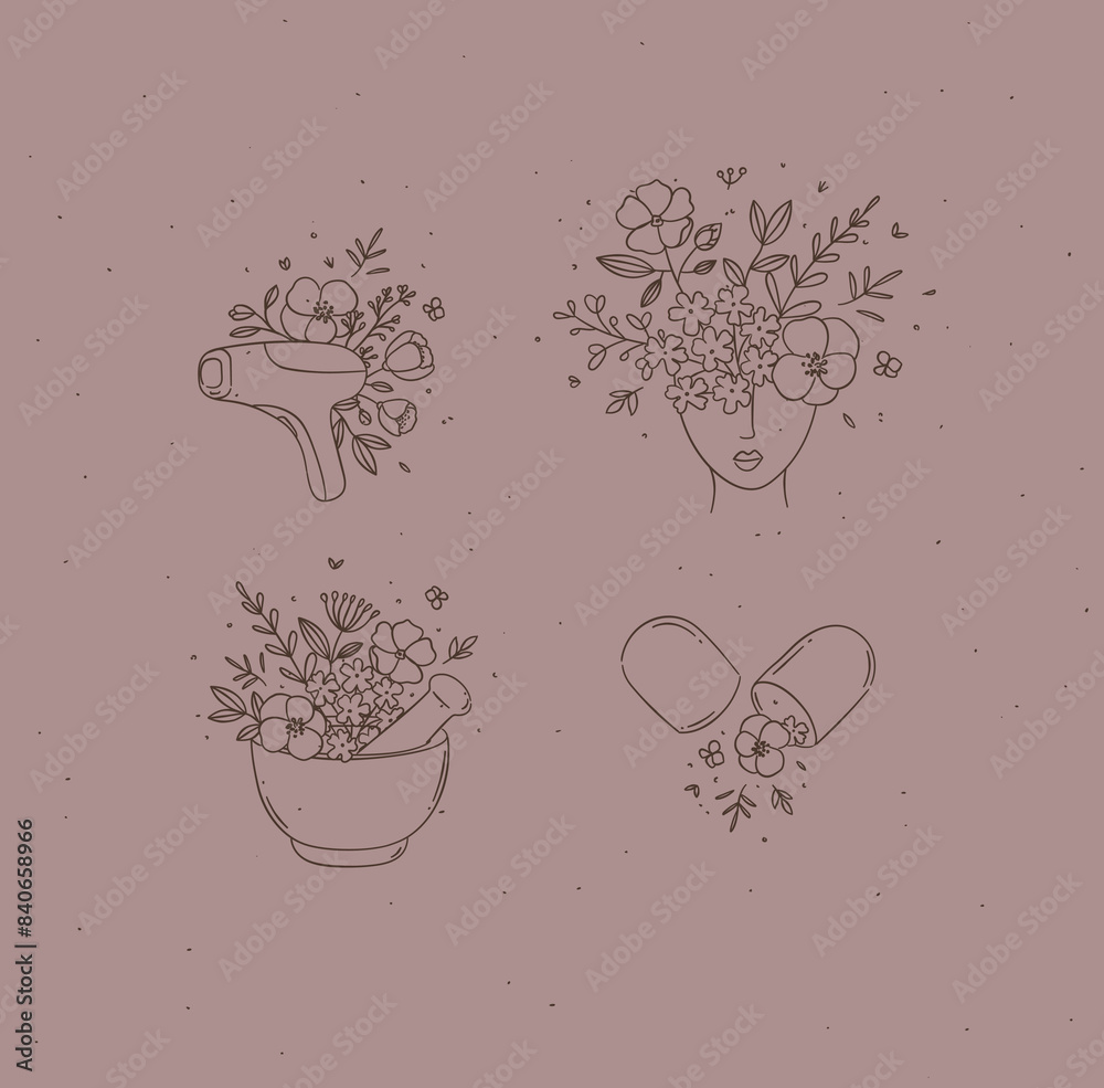 Beauty floral woman modern icons hair removal laser head with flowers kitchen mortar food supplement pill drawing in linear style on light brown background