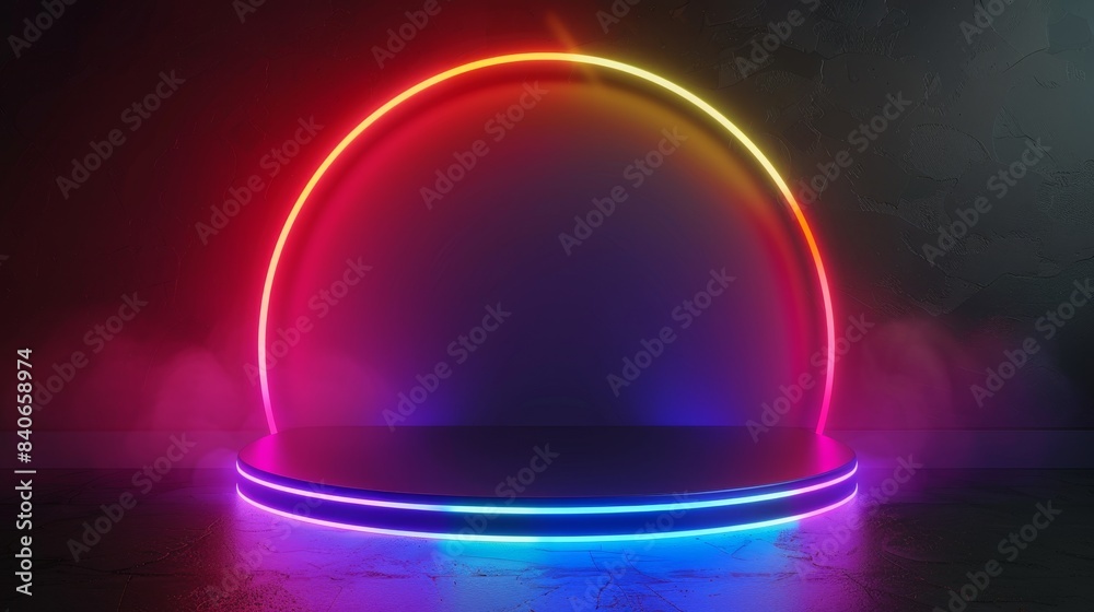 3D glowing neon rainbow light podium on dark background, tech style pedestal, colorful showcase for tech products, fantasy stage platform, nightclub sign frame 3D glowing neon rainbow light podium on dark background, tech style pedestal, colorful showcase for tech products, fantasy stage platform, nightclub sign frame