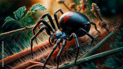 A black spider with a red spot on its back, sitting on a leafy plant. photo