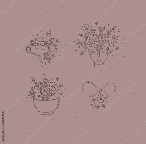 Obraz na płótnie Beauty floral woman modern icons hair removal laser head with flowers kitchen mortar food supplement pill drawing in linear style on light brown background w salonie