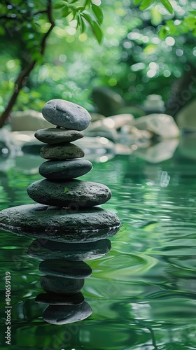 Zen Garden Stones Reflection  Calming Nature Scenery  Serene Water and Rocks  Tranquil Outdoor Scene  Peaceful Greenery Landscape