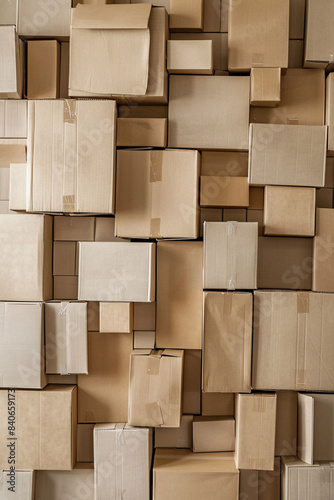 Stacked cardboard boxes forming a wall in a storage room