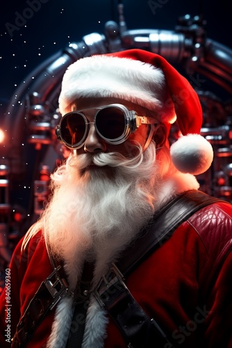 Santa Claus with trendy glasses, red astronaut suit, glowing holiday lights, close-up, futuristic space station.