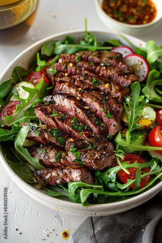Freshly Sliced Steak Salad, Juicy Grilled Meat with Vegetables, Gourmet Food Photography, Vibrant Salad Dish with Tomatoes
