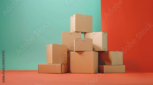 Cardboard boxes stacked on a red floor in front of a teal and orange wall  prepared for moving day