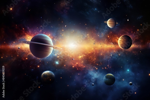 Solar system with all planets  vibrant colors  soft cosmic light  wide shot  star-filled background.