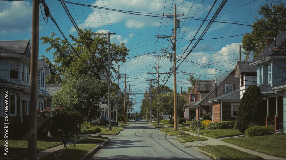 A suburban neighborhood with neatly aligned electricity poles and well-maintained power lines, showing the integration of infrastructure into daily life A suburban neighborhood with neatly aligned electricity poles and well-maintained power lines, showing the integration of infrastructure into daily life