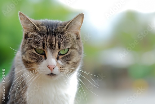 A portrait of an angry or grumpy cat with colourful eyes, standing against a plain background. The focus is on the fur texture and facial expressions, capturing its grumpy demeanor. © Mark G