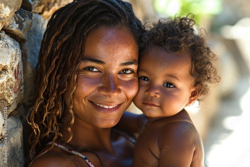 Fototapeta premium A mother holds a baby close, showcasing the bond between them