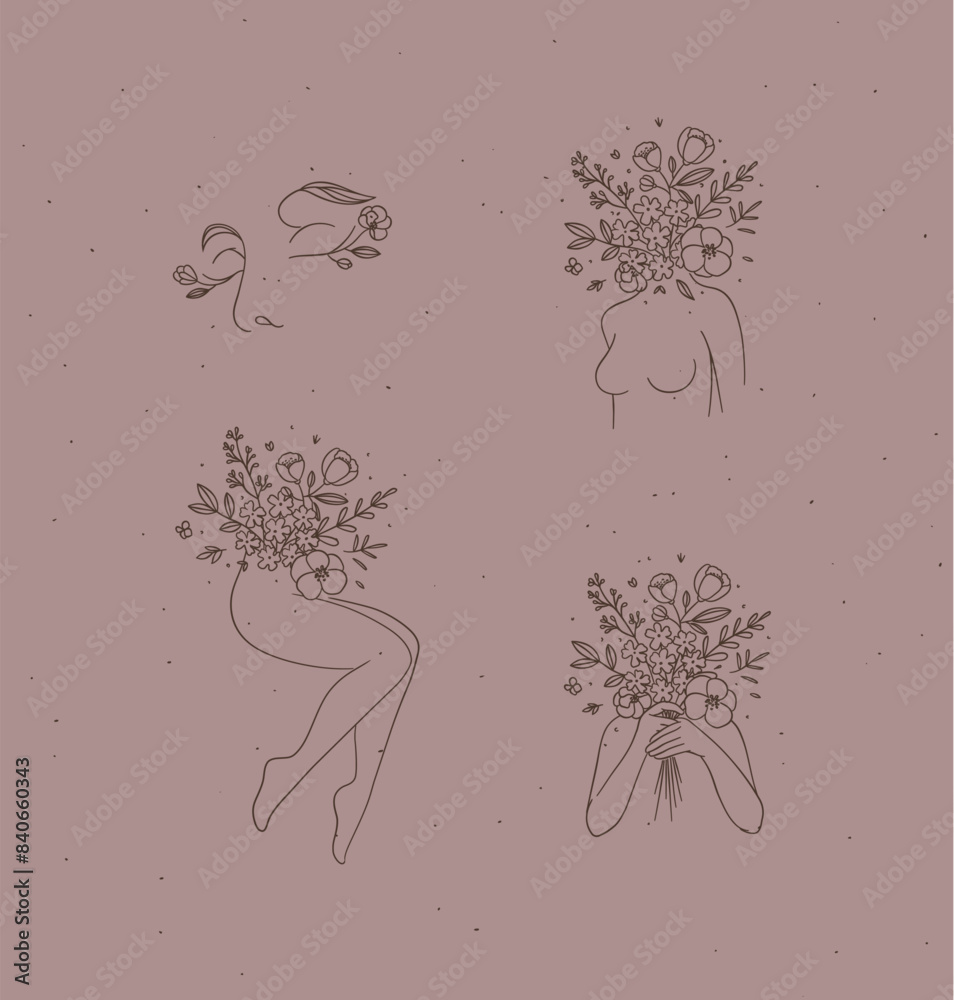 Beauty floral woman modern icons face bust legs hands with flowers drawing in linear style on light brown background